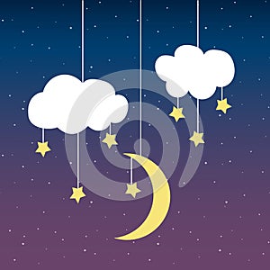 Cloud moon stars on a thread on night sky card vector