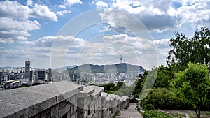 Cloud-moving of Seoul downtown cityscape and Namsan Seoul Tower. Seoul, South Korea