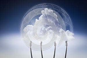 The cloud network connection. Internet cables  on blue background with clouds