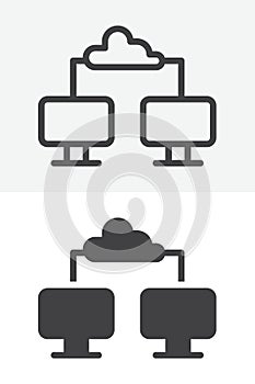 Cloud network connection line and solid vector icon set