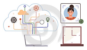 Cloud Computing Concept with Data Flow, User Authentication, and Digital Connectivity