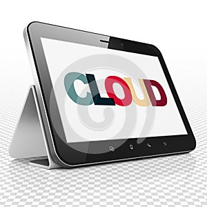 Cloud networking concept: Tablet Computer with Cloud on display