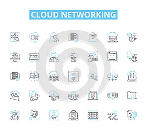 Cloud networking linear icons set. Virtualization, Scalability, Elasticity, Automation, Multi-tenancy, Agility