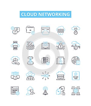 Cloud networking vector line icons set. Cloud, Networking, CloudComputing, SaaS, SA, IaaS, PaaS illustration outline