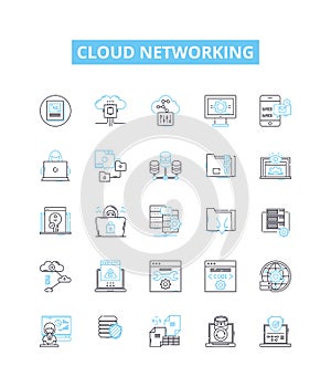 Cloud networking vector line icons set. Cloud, Networking, CloudComputing, SaaS, SA, IaaS, PaaS illustration outline