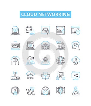 Cloud networking vector line icons set. Cloud, Networking, CloudComputing, SaaS, SA, IaaS, PaaS illustration outline photo