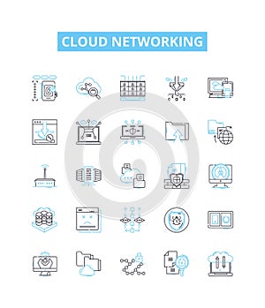 Cloud networking vector line icons set. Cloud, Networking, CloudComputing, SaaS, SA, IaaS, PaaS illustration outline photo