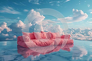 Cloud Nine Comfort: Pink Couch Amidst Heavenly Skies. Concept Luxurious Home Decor, Pink Furniture,