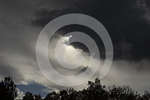 Cloud obscures sun. Grey sky. Cloudy weather
