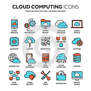 Cloud omputing. Internet technology. Online services. Data, information security. Connection. Thin line blue web icon