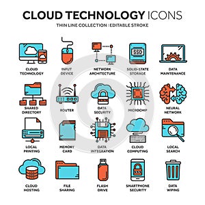 Cloud omputing. Internet technology. Online services. Data, information security. Connection. Thin line blue web icon