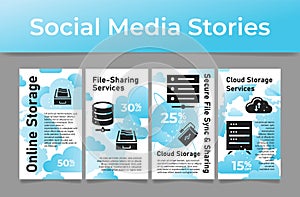 Cloud online storage file sharing service sale social media stories line set vector illustration