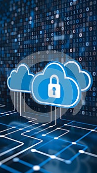Cloud with padlock, binary code backdrop, emphasizing cloud computing and data security