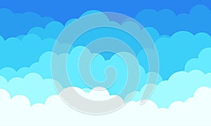 Cloud pattern background, flat white clouds in blue sky. Vector abstract flat graphic cloudscape and weather background