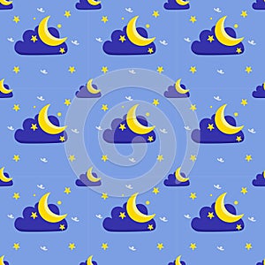 cloud pattern, stars, crescent moon blue background