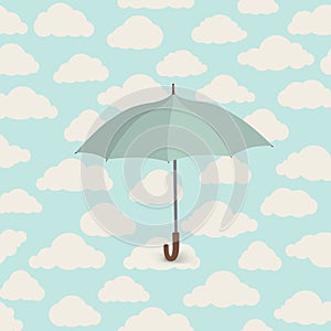 Cloud pattern with umbrella. Rainy weather sky seamless background