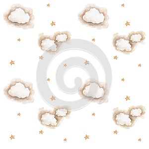 Cloud pattern of a yellow star. Hand drawn watercolor strars and clouds illustration on white background