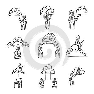 Cloud and people Doodle vector icon set. Drawing sketch illustration hand drawn line eps10