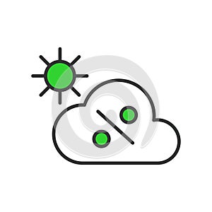 Cloud percentage solar panels icon in line design, green. Cloud, percentage, solar, panels, weather, efficiency isolated