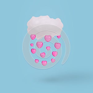 Cloud with pink heart rain on bright blue background. Creative idea. Minimal concept of love