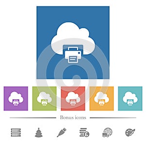 Cloud printing flat white icons in square backgrounds