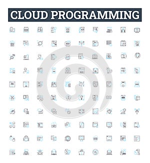 Cloud programming vector line icons set. Cloud, Programming, Computing, Data, Storage, Services, APIs illustration