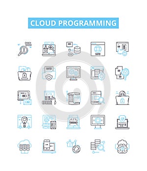 Cloud programming vector line icons set. Cloud, Programming, Computing, Data, Storage, Services, APIs illustration
