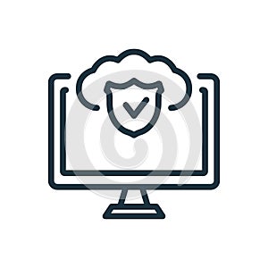Cloud Protection Line Icon. Safety Cloud Computing Linear Pictogram. Private Data Protection Concept. Computer and
