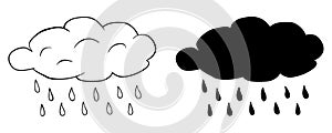 Cloud with rain drop. Outline and silhouette vector illustration isolated on white. Weather icon. Cloud and raindrops