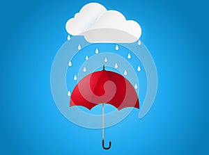 Cloud rain drop on red umbrella on blue background, rain season, cloudy day,weather forecast concept, vector illustration