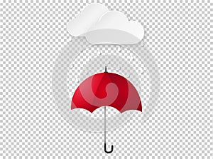 Cloud rain drop on red umbrella isolate on png or transparent  background, rain season, cloudy day,weather forecast concept,