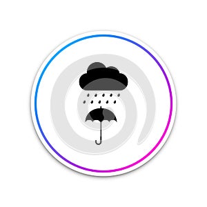 Cloud with rain drop on umbrella icon isolated on white background. Circle white button