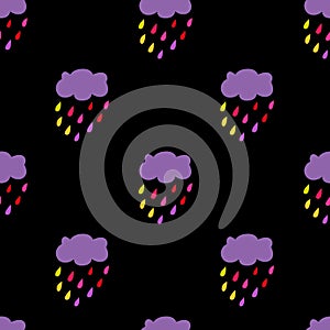 Cloud Rain seamless pattern. Dark background.