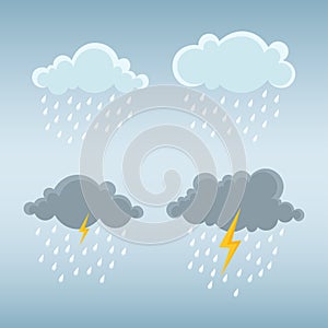 Cloud and rain, storm cloud with thunderbolt. Vector illustration