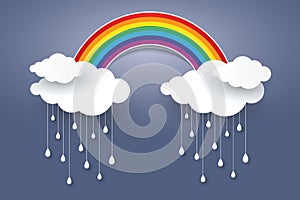 Cloud and Rainbow in blue sky Paper art Style.Rainy season conc