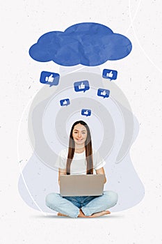 Cloud and raindrops with likes and a girl sitting in the lotus position with a laptop on a white background