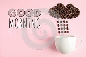 Cloud and raindrops made of coffee beans falling into cup on pink background, flat lay. Good morning