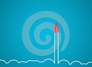 Cloud and Red Paper Plane Flying on Blue Background. launch Your business Idea, launch Your website or boost Your success