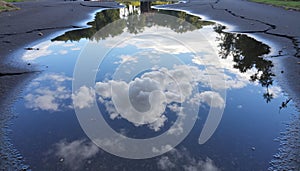 Cloud reflection in puddle on cracked asphalt.