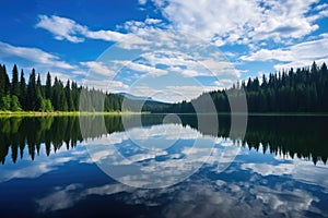 cloud reflections on a serene lake with a fishing line in the water