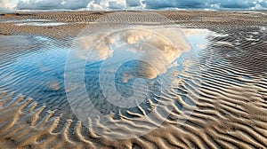 Cloud reflections in tidal pool on sandy beach at low tide