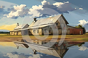 cloud reflections on the windows of a farmhouse with barn additions, magazine style illustration