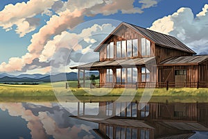 cloud reflections on the windows of a farmhouse with barn additions, magazine style illustration