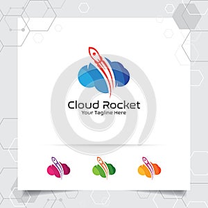 Cloud rocket logo vector design with concept of colorful cloud style. Cloud hosting vector illustration for hosting provider,