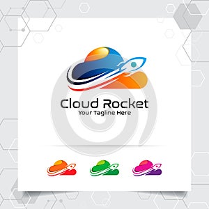 Cloud rocket logo vector design with concept of colorful cloud style. Cloud hosting vector illustration for hosting provider,