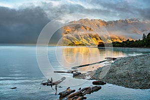 Cloud rolling across the lake obscuring the southern alps