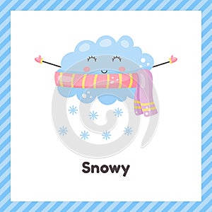 Cloud in scarf. Cute weather snowy for kids. Flash card for learning with children in preschool, kindergarten and school