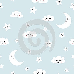 Cloud seamless pattern Sleeping clouds moon stars baby boy background vector