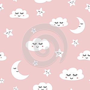 Cloud seamless pattern Sleeping clouds moon stars baby girl background vector