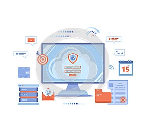 Cloud Security, Cloud Computing, Data Protecting, Secure data exchange. Monitor screen with sign form, login and password, server